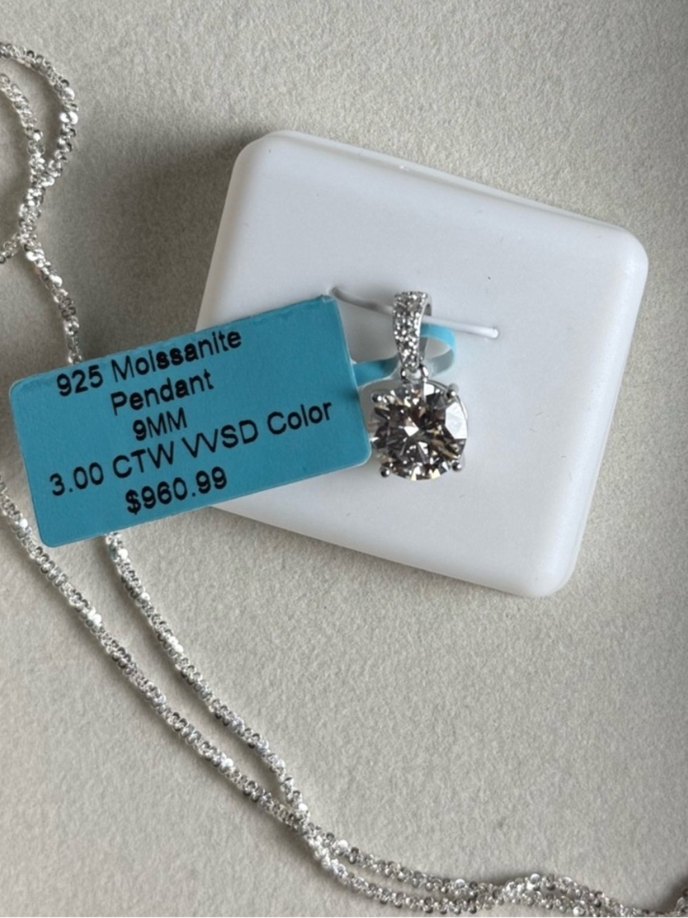 3.00 CTW Round Moissanite Pendant 925  Silver w/ 20” Italy diamond Cut Chain